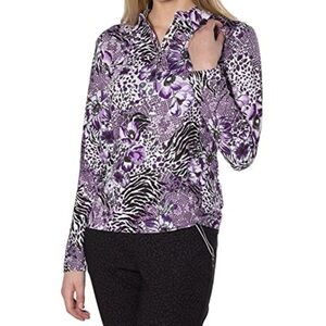 GG Blue Long Sleeved Golf Top Purple Animal Print Collar Snap Down Front XS